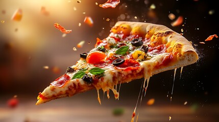 Flying pizza slice, motion blur background, sharp toppings