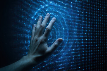 Palm pressing glowing blue holographic matrix wall creates immersive wave effect with futuristic digital interaction