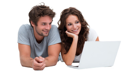 cheerful young couple shopping online with credit card and laptop isolated on white background