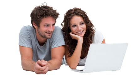 cheerful young couple shopping online with credit card and laptop isolated on white background