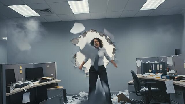 Frustrated office worker has a powerful outburst, shattering a wall in a chaotic explosion of documents. Metaphor for breaking free from job stress. Panning and tilting camera movement.
