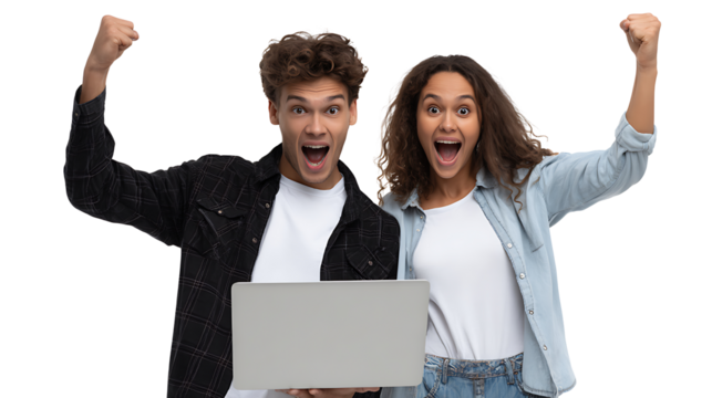 cheerful young couple shopping online with credit card and laptop isolated on white background