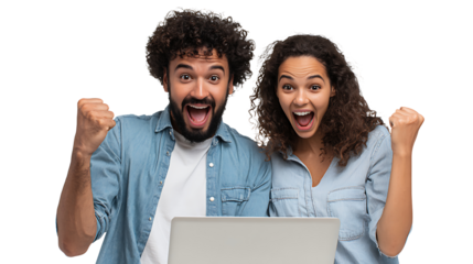 cheerful young couple shopping online with credit card and laptop isolated on white background