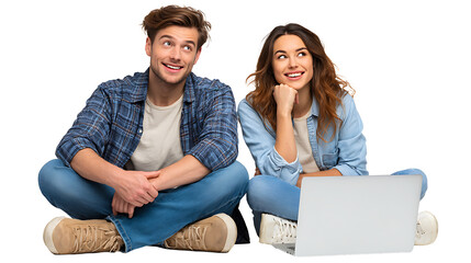 cheerful young couple shopping online with credit card and laptop isolated on white background
