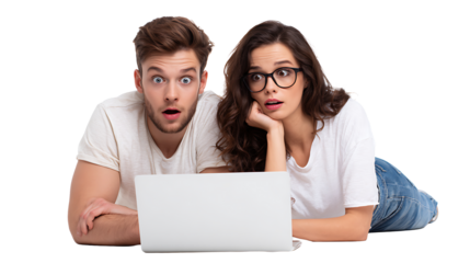 cheerful young couple shopping online with credit card and laptop isolated on white background