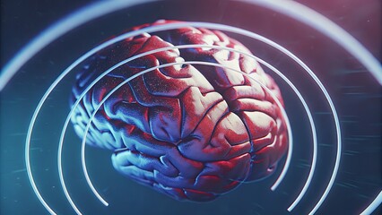 3D human brain with abstract glowing rings. Modern 3D brain illustration for science, medical, technology and education. Realistic 3D brain with digital circles and futuristic concept