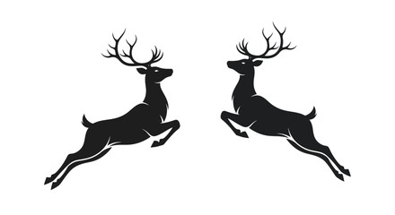 Two majestic black deer leaping gracefully against a white background, symbolizing freedom and nature's beauty