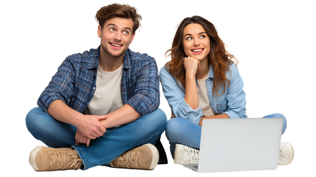cheerful young couple shopping online with credit card and laptop isolated on white background