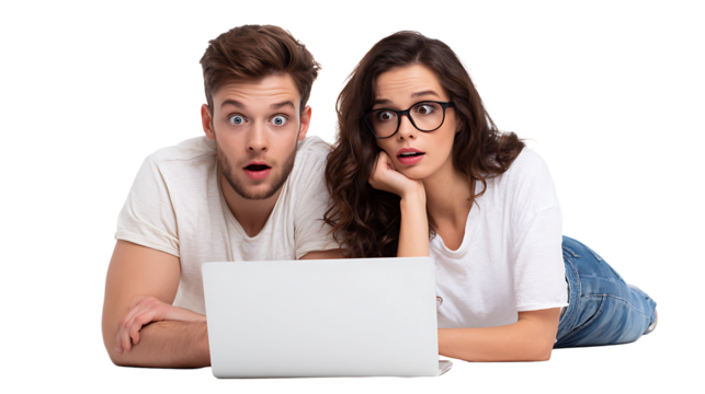 cheerful young couple shopping online with credit card and laptop isolated on white background