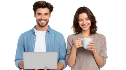 cheerful young couple shopping online with credit card and laptop isolated on white background