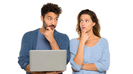 couple reading news online with laptop isolated on white background