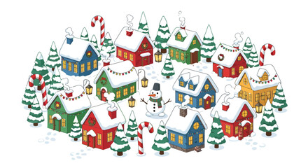 Charming Snowy Village Scene with Festive Lights, Snowman, and Candy Canes - A Whimsical Winter Wonderland Illustration