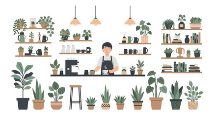 Naklejka premium Illustration of a cozy cafe interior with a barista at the counter, surrounded by a lush urban jungle of indoor plants