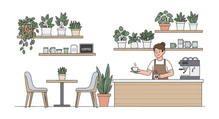 Fototapeta premium Coffee Shop Interior with Plants A Cozy Cafe Scene with a Barista and Floral Accents
