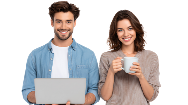 cheerful young couple shopping online with credit card and laptop isolated on white background