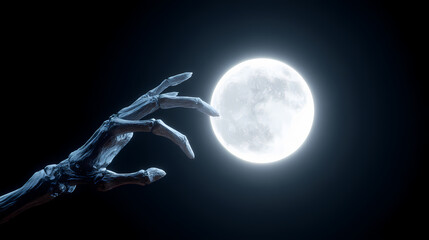 A skeletal hand reaching towards a glowing full moon against a dark background, creating a mysterious and eerie atmosphere. 
