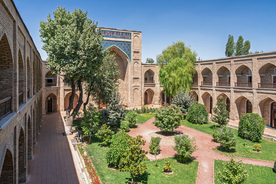 Landscape view of inner courtyard and garden of Kukeldash madrasa, ancient monument and historic landmark of Tashkent, Uzbekistan