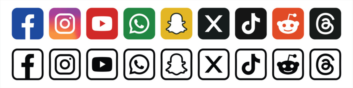 Social Media Icons Set &ndash; Facebook, Instagram, YouTube, WhatsApp, Snapchat, X, TikTok, Reddit, Threads.