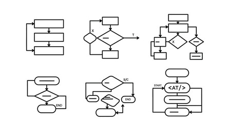 Collection of flowchart diagrams showing processes and decisions in business and technology vector
