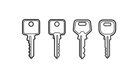 Four different types of traditional metal keys shown in a row for security and access concepts vector