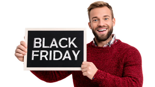  happy man showing Black Friday sale sign isolated on white background