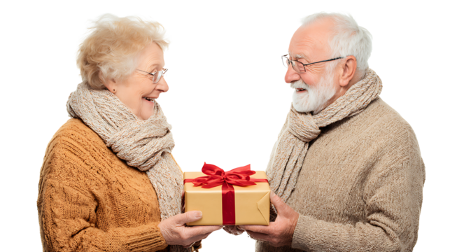 smiling elderly couple exchanging Christmas gifts isolated on white background