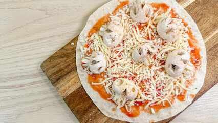 Mushroom-studded pizza canvas whispers foraging adventures, celebrates National Mushroom Month and eccentric culinary artistry with wild elegance