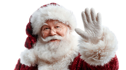 man dressed as Santa Claus waving isolated on white background