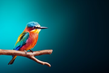 Fototapeta premium Small colorful bird perched on a branch with a vibrant turquoise background