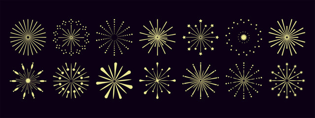 Fireworks starburst set. Vintage Explosion burst shapes, starburst icons, symbols minimal style for holiday cards,posters, web,apps, digital art, social media, New Year or Independence Day. Vector