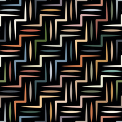 Seamless abstract geometric pattern with multicolored thin lines on a black background. Trendy modern style. Vector illustration.