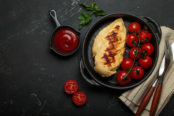Grilled chicken breast in a cast iron pan on rustic black background, surrounded by roasted cherry tomatoes, ketchup, and cutlery, healthy meal concept, copy space