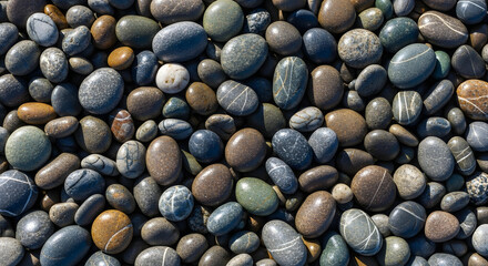 Smooth Riverbed Pebbles in Natural Colors with Striations and Glossy Texture &ndash; Nature Still Life Representing Organic Beauty, Geological Diversity, and Tactile Calm