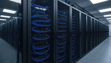 Inside a data center, a rack of servers connected by blue network cables to a patch panel.
