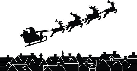 Vector Santa Claus reindeer sleigh flying above town silhouette illustration © Nasima