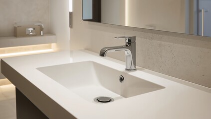Fototapeta premium Glossy metal faucet paired with a white ceramic basin set into the counter