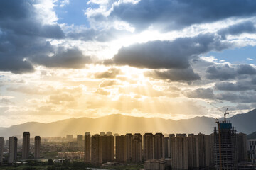 City construction building under the sunset
