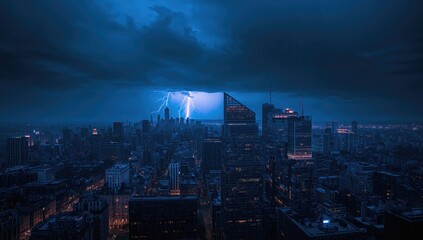 Fototapeta premium Electric storm illuminates urban skyline with blue hues. Rain pours and cold wind blows. Severe weather conditions prevail. Thunder and lightning strike.