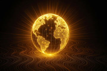 Digital golden Earth hologram with grid overlay and radiating light on dark background globe planet