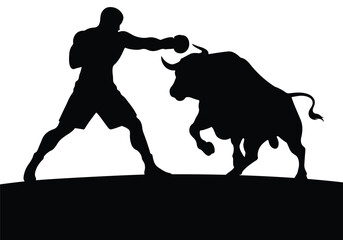 A strong boxer punching a bull in a powerful fighting stance silhouette.