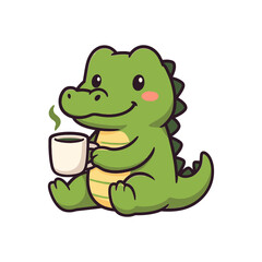 Smiling Cartoon Alligator Enjoying Coffee with Steam Relaxed and Content.
