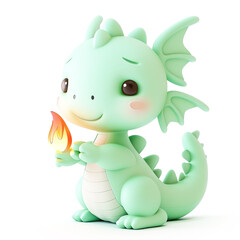 3D Chibi Dragon Breathing Tiny Flame &mdash; Cute Kawaii Cartoon Character on White Background.