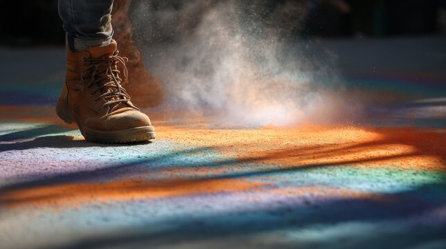 Joyful Feet Dancing in Colored Powder Clouds under Sun Streaks, Lively Rhythm of Movement and Energy