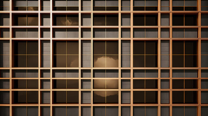 A modern building facade, showcasing a grid-like pattern of windows and metallic frames, creates a striking architectural design. The reflection of clouds in windows.