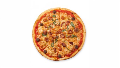 Whole pizza displayed from above on a plain white backdrop