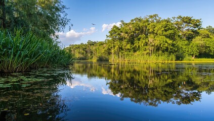 Obraz premium Vibrant vegetation mirrored on the still surface of a marsh. Stock Photo