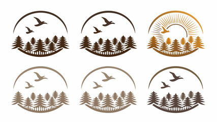 Rustic pine forest and soaring birds logo set, perfect for nature brands, outdoor apparel, or eco-friendly businesses seeking a timeless and memorable design.