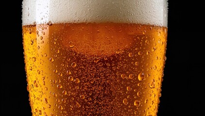 Close-up of a chilled beer glass with water droplets against a dark backdrop