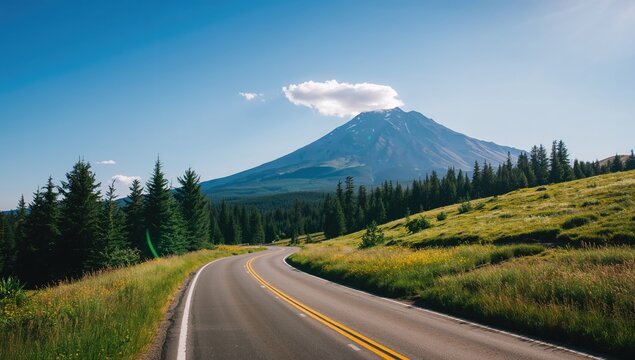 Colored photograph of a pathway heading towards a tall peak during the summer season.