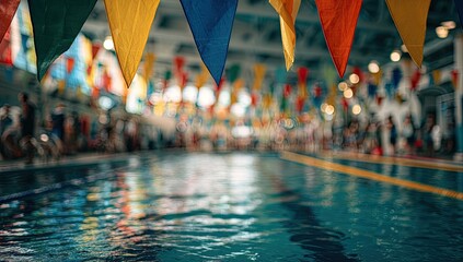 Colorful flags hang above a swimming pool filled with people